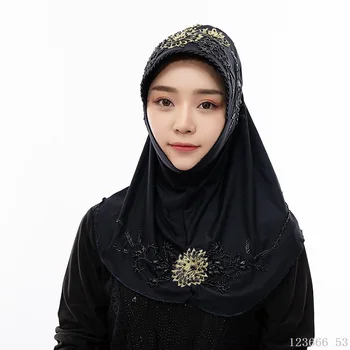 Malaizijos Juoda 1piece Hijab Zawalcowany Išsiuvinėti Gėlių Kepurės Moterims Musulmonų Turbaną Ledas Plonas Šilko Momentinių Epingle Hijab dropshipping