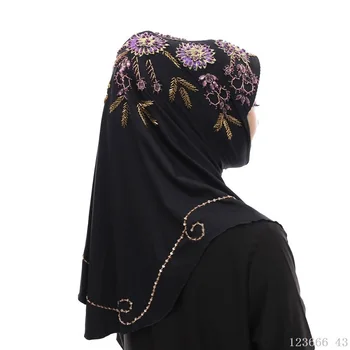 Malaizijos Juoda 1piece Hijab Zawalcowany Išsiuvinėti Gėlių Kepurės Moterims Musulmonų Turbaną Ledas Plonas Šilko Momentinių Epingle Hijab dropshipping