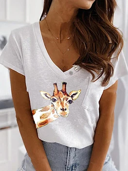 Marškinėlius atsitiktinis vasaros žirafa, print T shirts 2020 Naujas moterų animacinių filmų atsitiktinis marškinėliai lady trumpomis rankovėmis viršūnes tees moterų marškinėliai