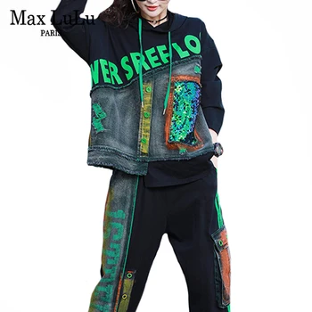 Max LuLu Europos Mados Stilius Pavasario Moterų Spausdinti Prarasti Dviejų Dalių Rinkiniai Ponios Gobtuvu Viršūnes Ir Elastinga Haremas Pants Plus Size
