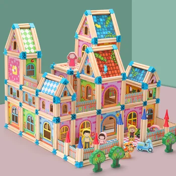 Medinis Statybos Pastato Modelio Blokai Vaikų Intelekto Kūrimo Bloką Žaislas 128/268pcs Medinių Blokų Žaislai