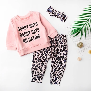 Mielas Apranga Kūdikio Mergina Rinkiniai Saldus Mergaičių Ilgas Rankovėmis Laišką, Print T-Shirt Leopard Kelnės Plaukų Juosta Bamblys Mergaičių Drabužiai