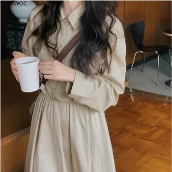 Mielas Korėjos Elegantiškos Mados Drabužių Rudens-Pavasario Vyriški Ilgomis Rankovėmis Elegantiškas Office Lady Viena Breasted Mygtuką, Kietas Marškinėliai Suknelė