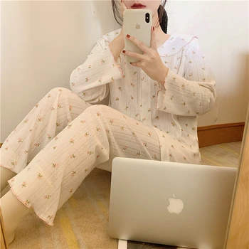 Minkštas confort gėlių pižama nustatyti moterų namų kostiumas balto rudens pavasario homewear vieną krūtinėmis viršuje ziajać pijamas sleepwear Y270