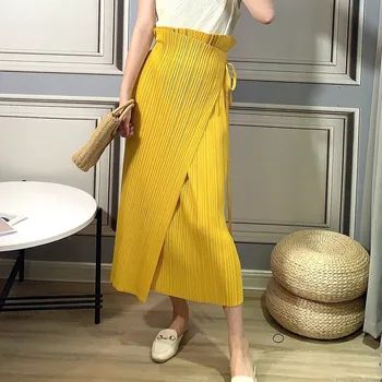 Miyake plisuotos geltonas sijonas vasarą, Rudenį 2020 m. moteris estetinės korėjos Drabužiai aukštu juosmeniu plius dydis irregularPencil ilgas sijonas