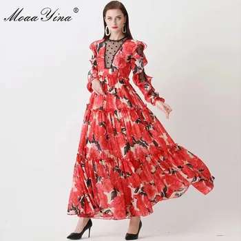 MoaaYina kilimo ir tūpimo Tako Pavasarį Šalies Maxi Suknelės Moterų Elegantiškas Ruffles ilgomis Rankovėmis Raudona Gėlė Print Custom Plius Ilga Suknelė, Dydis S-5XL