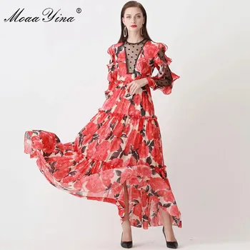 MoaaYina kilimo ir tūpimo Tako Pavasarį Šalies Maxi Suknelės Moterų Elegantiškas Ruffles ilgomis Rankovėmis Raudona Gėlė Print Custom Plius Ilga Suknelė, Dydis S-5XL