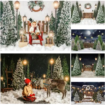 Mocsicka Kalėdų Žiemos Sniego Naktį Backdrops Fotografijos Kalėdų Eglučių Tvora Dekoro Fotografijos Studija Foto Tapetai