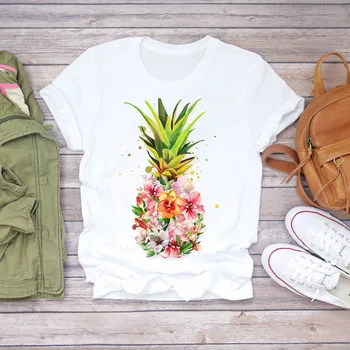Moterys, Ananasų, Gėlių Gėlių Atspausdintas Trumpas Rankovės Mados Lady T-shirts Top Marškinėliai Moteriški Vyriški Grafinis Moterų Tee Marškinėliai