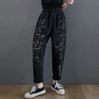 Moterų Derliaus Spausdinimo Boyfriend Džinsai Naujų 2020 M. Rudens Žiemos Streetwear Elastinga Aukštos Juosmens, Palaidi Moterų Džinsinio Haremo Kelnės S2503
