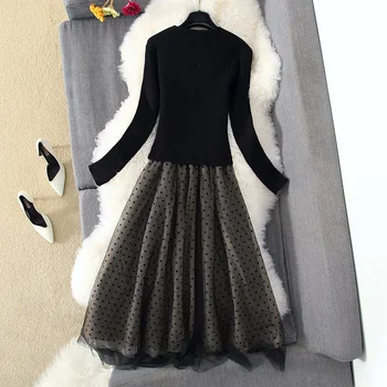 Moterų Elegantiškas-line Megzti Megztinis Midi Suknelė Vintage Black Dot Spausdinti Gazas ilgomis Rankovėmis moterims Šalis Suknelė 2020 M. Rudenį, Žiemą