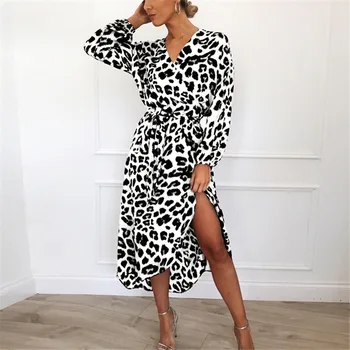 Moterų Leopard Suknelė 2020 M. Pavasarį spausdinti Moterų Šifono Long Beach Suknelė Prarasti ilgomis Rankovėmis Giliai V-kaklo, seksuali suknelė Šalis Suknelė