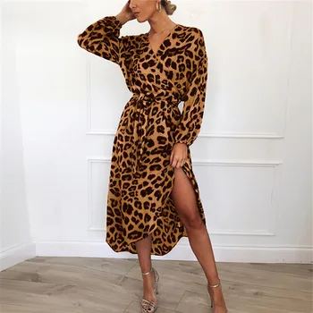 Moterų Leopard Suknelė 2020 M. Pavasarį spausdinti Moterų Šifono Long Beach Suknelė Prarasti ilgomis Rankovėmis Giliai V-kaklo, seksuali suknelė Šalis Suknelė