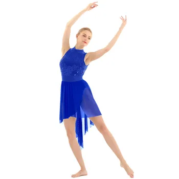 Moterų Lyrinis šokio Kostiumai baleto Apynasrio Kaklo Suknelė be Rankovių Backless Spindinčiais Blizgučiais Aukštas Žemas Akių Baleto Leotard Bodysuit
