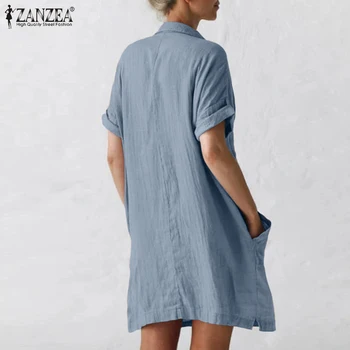Moterų Marškinėliai Sundress ZANZEA 2021 Mados Kietas Vasaros Suknelė Atsitiktinis Trumpas Rankovės Vestidos Moterų Mygtuką Plius Dydis Drabužius, Moteris