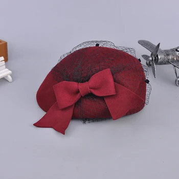 Moterų Vestuvių Puotą galvos Apdangalai Šydą Lady Bowknot Fedora Skrybėlę Kokteilis Fascinator Šalies Moterų Vilnos Veltinio Beretė Kepurės 55-58cm