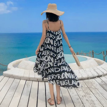 Moterų derliaus laiškas išspausdintas Bohemijos v-kaklo suknelė moterų vasaros mados pečių dirželiai paplūdimio atostogų Seksualinės sundresses