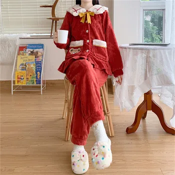 Moterų pižama lounge nustatyti ilgomis rankovėmis raudona atsitiktinis turėti atspausdinta merginos sleepwear su kišenėmis žiemą šilta namų drabužių mujer L002