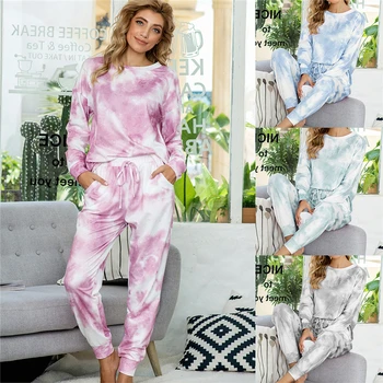 Moterų pižama nustatyti atsitiktinis tie dažai spausdinti pižama rudens ir žiemos ilgomis rankovėmis paprastas gamtos Homewear kostiumas JJF0041