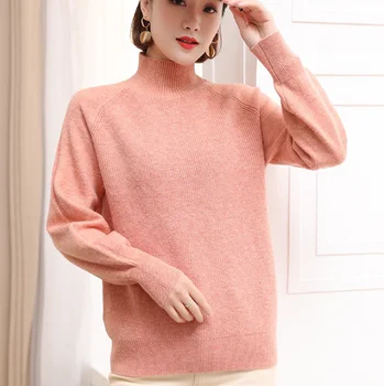 Moterų vientisos spalvos golfo laisvas megztinis ilgomis rankovėmis megzti šiltas megztinis