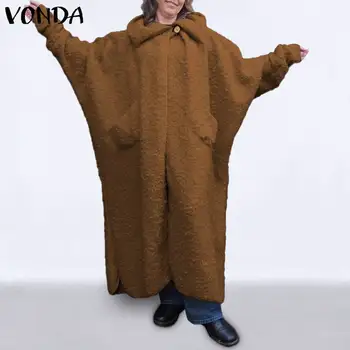 Moterų Šiltas Megztinis Dangomis, VONDA 2021 Vilnos Kišenės Ilgi Paltai Kietas Atvartas ilgomis Rankovėmis, Švarkeliai Plius Dydis Outerwears Femme