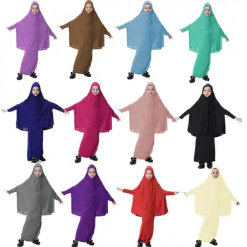 Musulmonų Mergaitės Suknelė Vaikai 2 Vienetų Komplektas Abaja Ilgai Hijab Šalikas Maxi Sijonai Islamo Drabužių Arabų Malda drabužis Jilbab Burqa Kaftan
