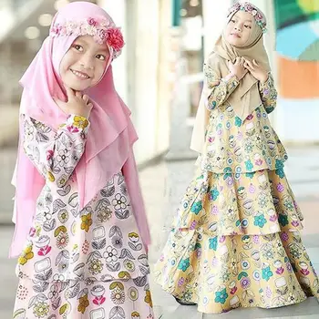 Musulmonų Merginos Tortas Suknelė 2 Gabalas Rinkiniai Islamo Drabužiai Hijab Abaja Vaikų Niqab Burqa Vaikams Spausdinti Gėlių Kaftan Jilbab Šalis Suknelė