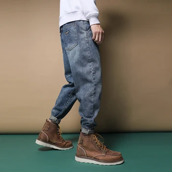 Mėlyna Baggy Jeans Vyrams Hip-Hop Prarasti Tiesiai Haremo Kelnės Streetwear Medvilnės Džinsinio Audinio Kelnės