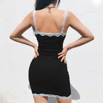 NCLAGEN Moterų Suknelė Vasaros 2020 M. Šermukšnių Megzti Suspender Sijonas Sexy Nėrinių Susiuvimo Slim Fit Suknelė Mados Omighty Mini Vestdio