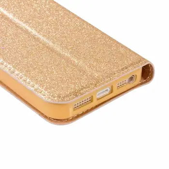 NFH Mielas Blizgučiai Bling Flip Telefonas Case For iPhone 5 5S 6 6S Plius Diamond PU Oda Padengti Stendo Atveju dėl 5S SE 7 8 Plius Korpusas
