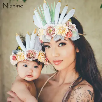 NISHINE Plunksnų Gėlių Karūna Mama ir Man Plaukų Juostos Naujas Moterų Mergina Bebe Kaspinai Motina Vaikai Pacios galvos Apdangalai, Plaukų Aksesuarai