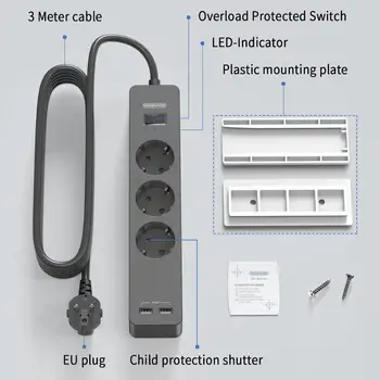 NTONPOWER USB Power Juostelės su 3M ilgintuvas Sienos Montuojamas Tinklo Filtras su Lipni Plastikinė Plokštė Kelių Apsaugos Kištuku