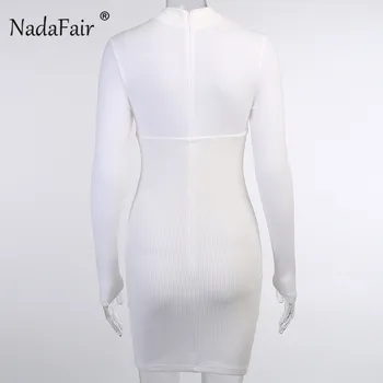 Nadafair Balta Šonkaulio Megzti Bodycon Žiemos Dress Moterų 2020 M. Mados Kratinys O Kaklo, Ilgomis Rankovėmis Rudenį Pagrindinio Mini Suknelės, Šaliai