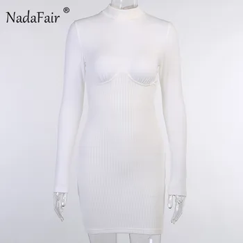 Nadafair Balta Šonkaulio Megzti Bodycon Žiemos Dress Moterų 2020 M. Mados Kratinys O Kaklo, Ilgomis Rankovėmis Rudenį Pagrindinio Mini Suknelės, Šaliai