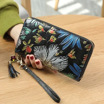 Natūralios Odos ilgas užtrauktukas piniginės moterų rankinėje ponios piniginė originalus Kutas etninės stiliaus 3D embressed piniginės, mobiliojo telefono krepšys