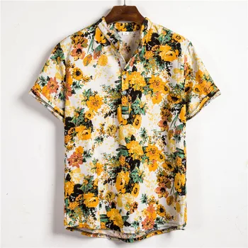 Nauja Vasaros Vyrų Havajų Lininius Marškinius Derliaus Masculina Marškinėliai Trumpomis Rankovėmis Havajų Lino Gėlių Hombre Marškinėliai
