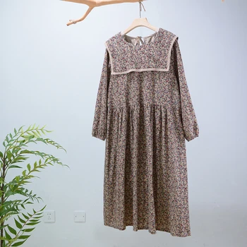 Nauja rudens gėlių suknelė prarasti medvilnės, lino suknelė Japonija Mori ilgai atsitiktinis suknelė