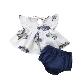 Naujagimiui Vaikas Baby Girl Drabužiai Kostiumas Gėlių Skristi Rankovėmis T-Shirt+Kietas Šortai Mados Drabužių Komplektus 0-24Months