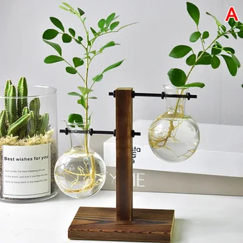 Naujai Stalo, Stalinės Lemputės Stiklo Hydroponic Vaza Gėlių, Augalų Puodą su Medinių Lovelių Biuro Dekoras CLA88