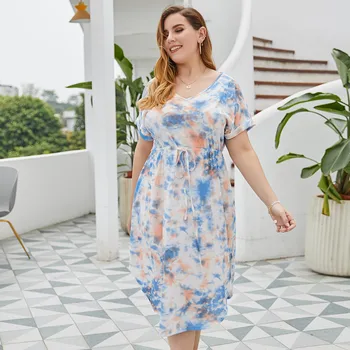 Naujas 2021 ponios vasaros plius dydis midi suknelė moterims didelis trumpomis rankovėmis prarasti atsitiktinis medvilnės spausdinti diržų suknelė 4XL 5XL 6XL 7XL