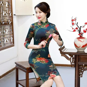 Naujas Atvykimo Moterų Gėlių Qipao Cheongsam Suknelė Trumpas Kinų Tradicinė Suknelė Moterų Plius Dydis M L XL XXL, 3XL 4XL