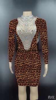 Naujas Craystal Grandinės Leopard Moterys Ilgomis Rankovėmis Seksualus Šalis Suknelė Blackless Vestidos De Fiesta