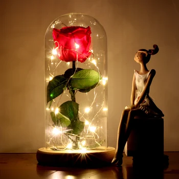 Naujas Grožio Ir Žvėrys Raudonos Rožės Gėlių Ant Medinių Stiklo Kupolas Šviesos Gimtadienio Dovana, Vestuves Namų Puošybai