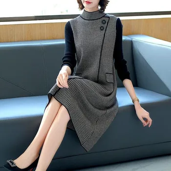 Naujas Klasikinis Pledas Moterų Mados Megzti Suknelę Rudens Žiemos Drabužių Korėjos Elegantiškas Ilgomis Rankovėmis Golfo Ponios Megztinis Sukneles