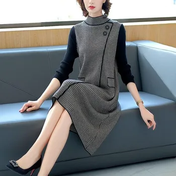Naujas Klasikinis Pledas Moterų Mados Megzti Suknelę Rudens Žiemos Drabužių Korėjos Elegantiškas Ilgomis Rankovėmis Golfo Ponios Megztinis Sukneles