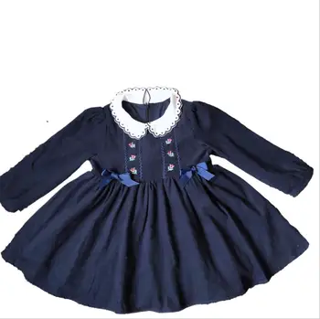 Naujas baby girl derliaus lėlės kamuolys suknelė lankas suknelė vaikai mergina siuvinėti princesė ilgomis rankovėmis mėlyna gimtadienis