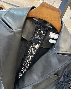 Naujas prekės ženklas originali odinė striukė kratinys Bud šilko ilgomis rankovėmis turn-žemyn apykaklės drabužiai, moteriški viršutiniai drabužiai