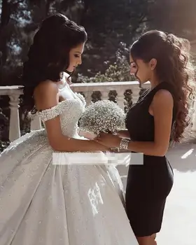 Naujausias arabų Kamuolys Suknelė Vestuvių Suknelės, Puošnios Kristalai 3D Gėlės Nuotakos Suknelė Off Pečių Vestuvių Suknelė Vestidos De Noiva