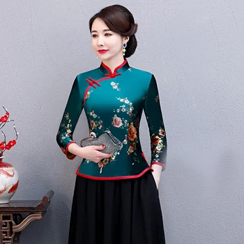 Negabaritinių 4XL 5XL Moterų Veliūras Marškinėliai Rudens Derliaus Kinų Stiliaus Palaidinė Gėlių Moterų Vestuvių Drabužių, Tradicinių Klasikinių Viršūnės