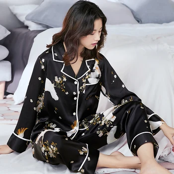 Nekilnojamojo Šilko Pižama Moterų Spausdinti Sleepwear Ponios Visą Rankovėmis Pijamas Prabangūs Juodos spalvos naktiniai drabužiai Šilko Pyjama naktiniai marškinėliai Femme